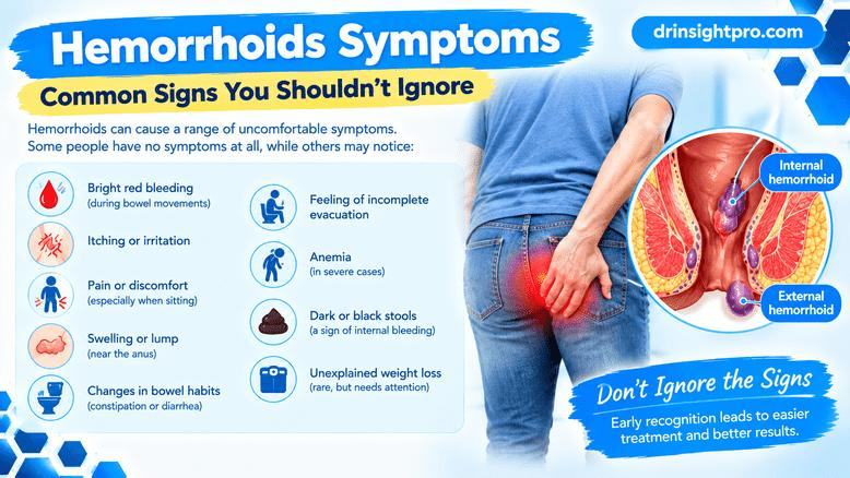 Hemorrhoids symptoms infographic showing common signs like bleeding, itching, pain, and swelling, with internal and external anatomical illustrations