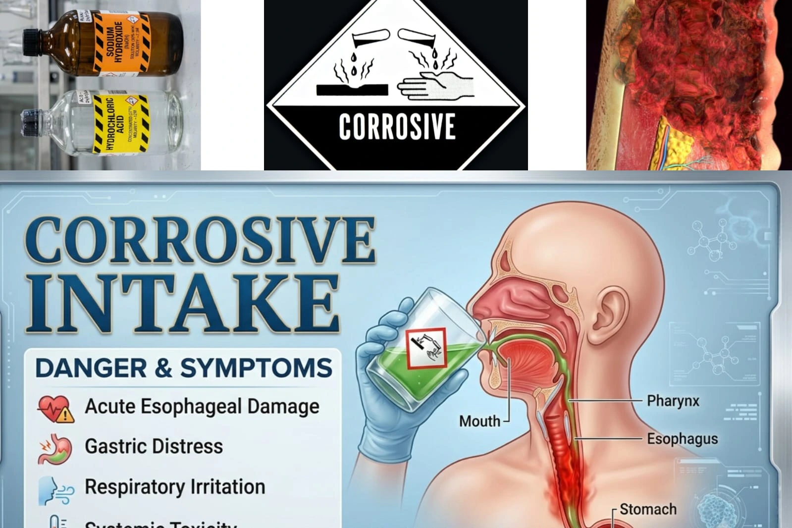 Corrosive intake poisoning showing chemical injury to mouth , esophagus and stomach