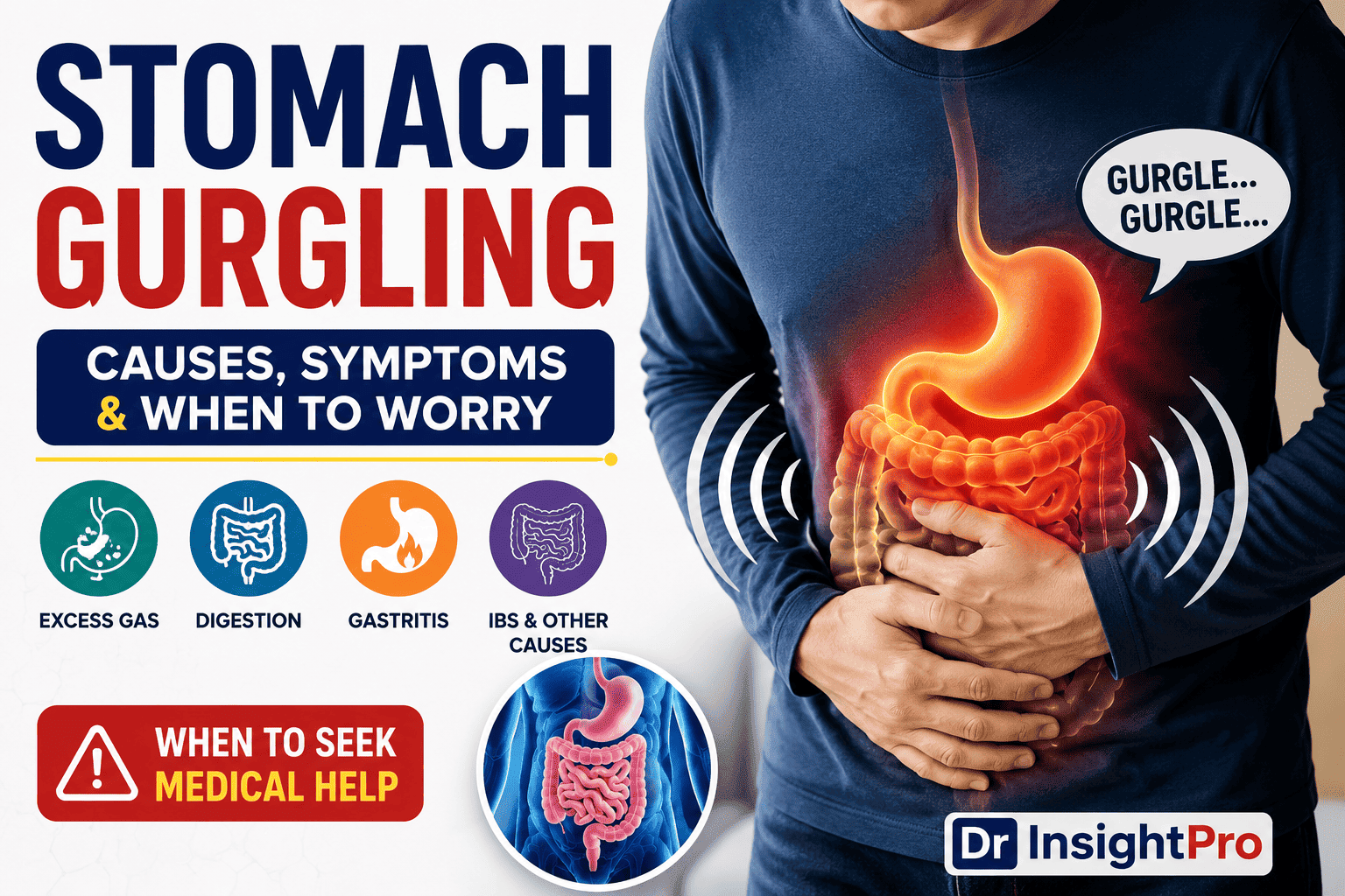 Stomach gurgling and gut noise causes, symptoms, and warning signs illustration.