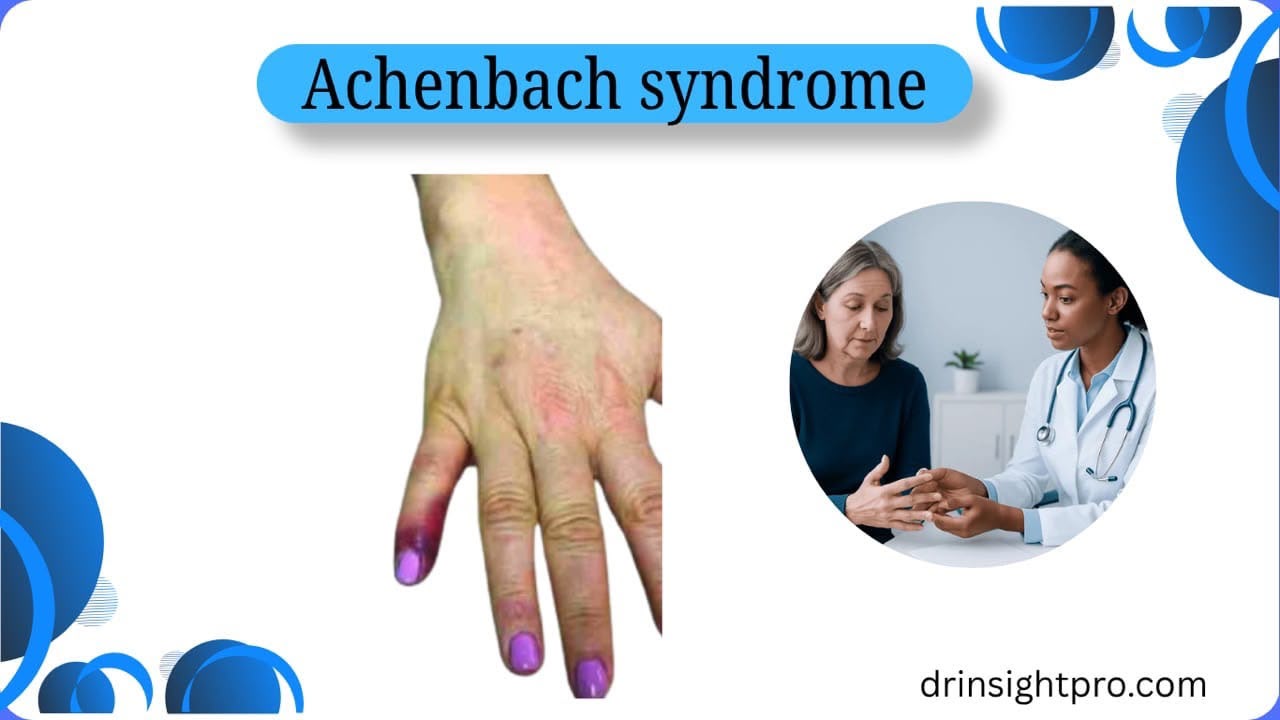 Achenbach syndrome causing purple discoloration of the finger with a doctor examining the patient's hand.