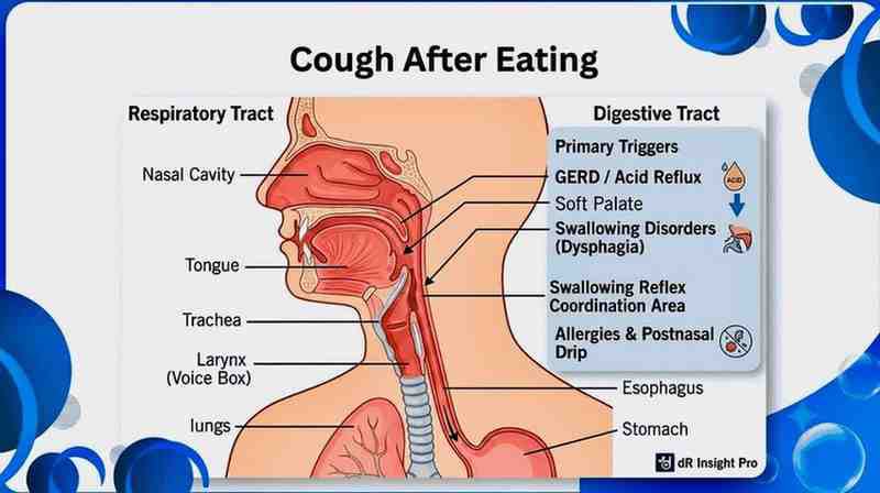 Medical diagram showing causes of cough after eating including respiratory tract anatomy, acid reflux and swallowing disord