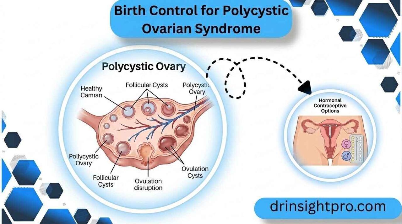 Detailed diagram of a polycystic ovary and hormonal contraceptive options for birth control for polycystic ovarian syndrome management