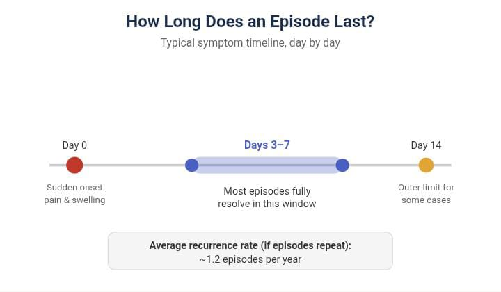 Achenbach syndrome symptom timeline showing onset at day 0, typical resolution between day 3 to 7, and recurrence rate of 1.2 episodes per year