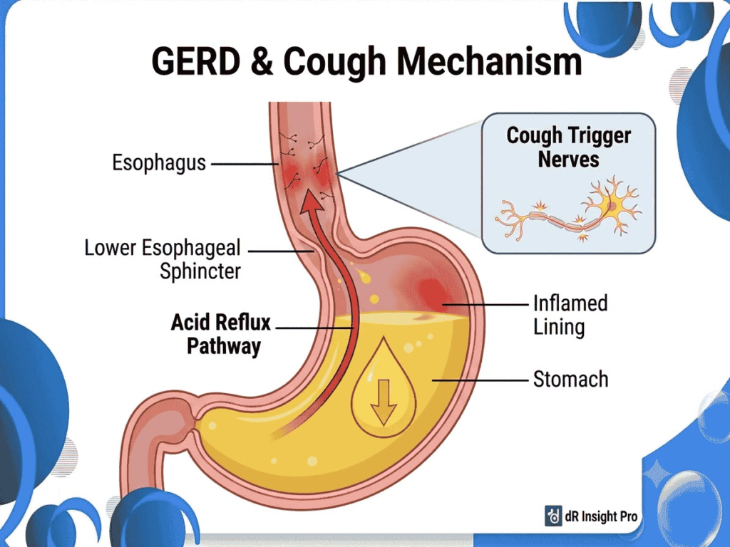 Diagram illustrating the GERD & Cough Mechanism showing acid reflux pathway and inflamed esophageal lining