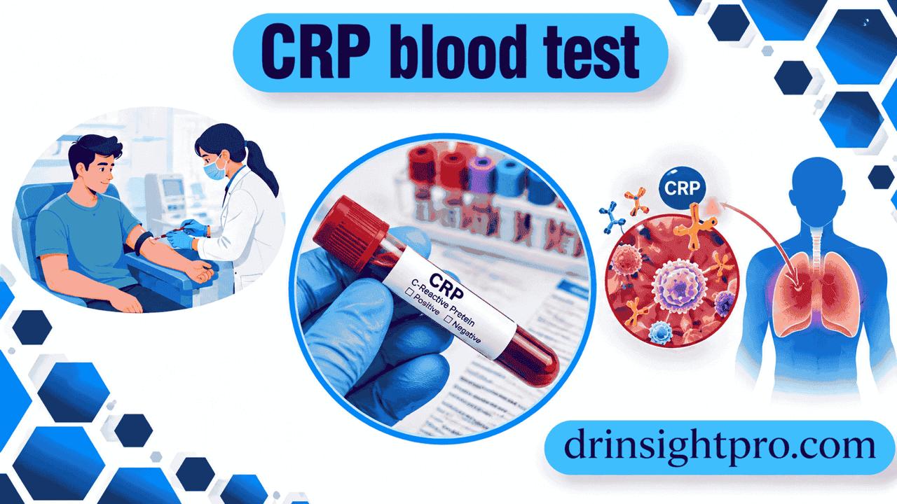 CRP blood test illustration showing a patient having blood drawn, a labeled CRP test tube sample, and a diagram of C-reactive protein response to inflammation in the body