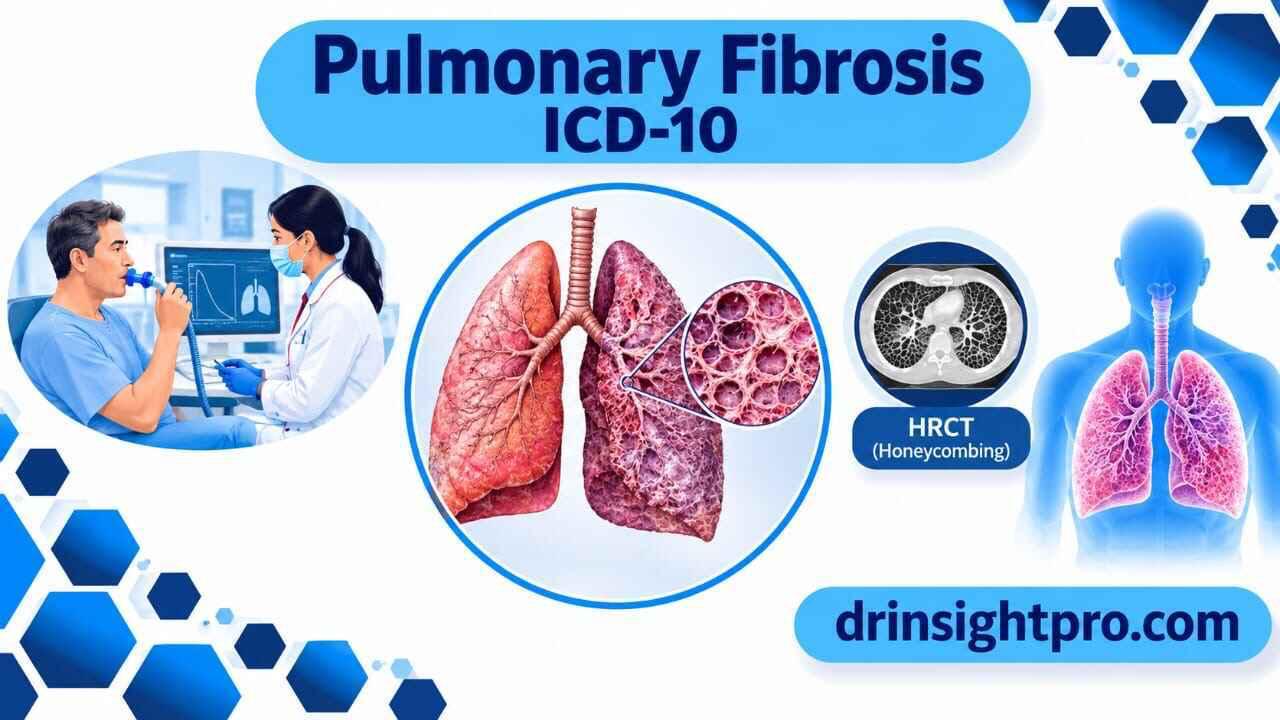 Infographic illustrating Pulmonary Fibrosis ICD-10 diagnostic process including HRCT honeycombing scan and lung function test.