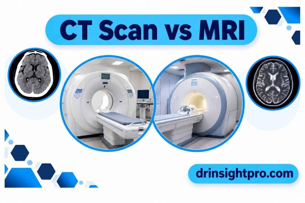 CT vs MRI scan comparison showing CT scanner and MRI machine