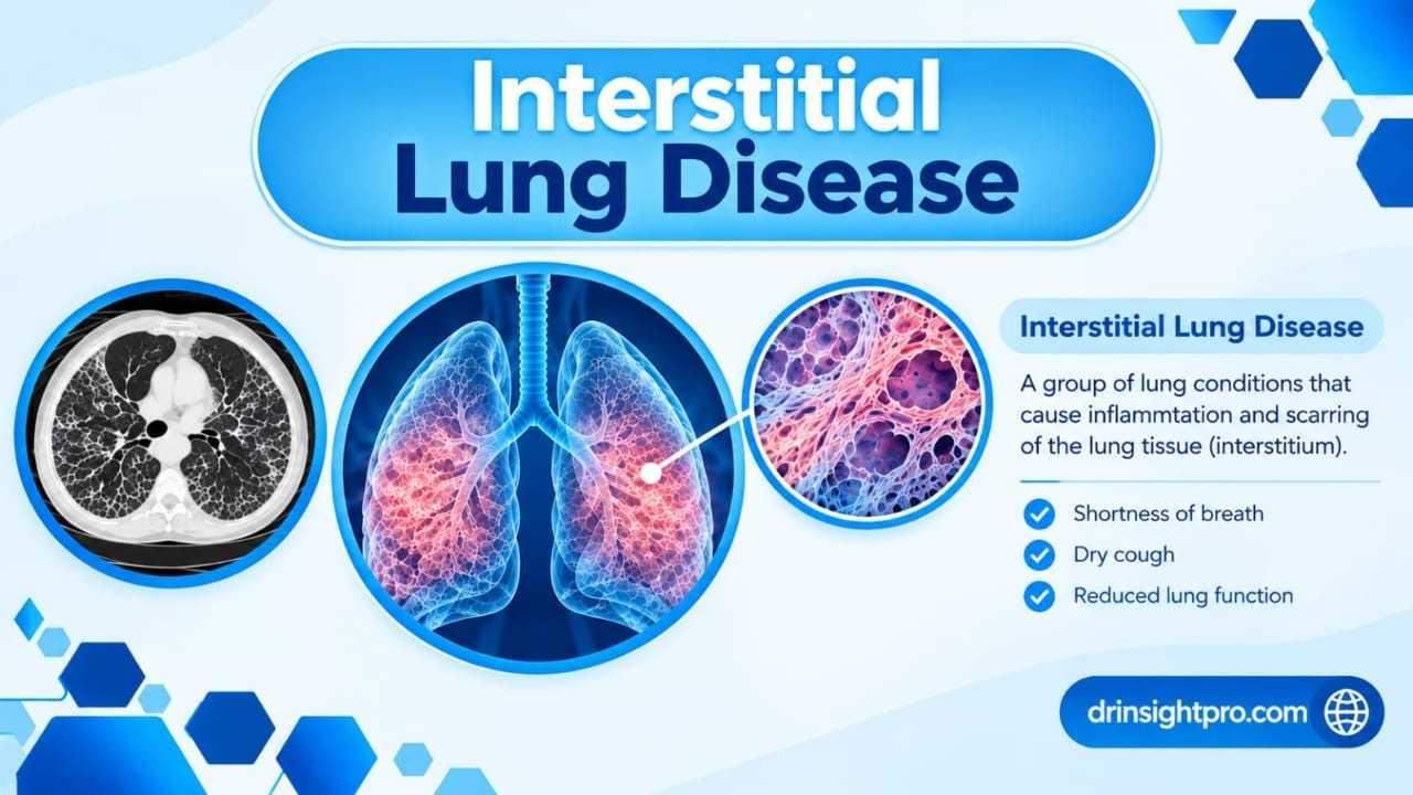 Interstitial Lung Disease diagram showing lungs CT scan and tissue inflammation