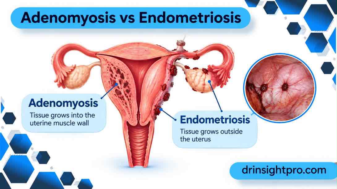 Medical illustration comparing Adenomyosis vs Endometriosis in the uterus