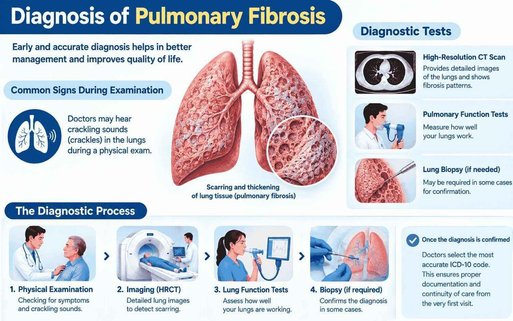 Infographic on diagnosing pulmonary fibrosis using HRCT scan, PFTs, physical exam, and lung biopsy.
