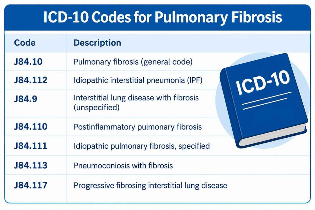 Medical reference chart of ICD-10 codes for pulmonary fibrosis and idiopathic pulmonary fibrosis.