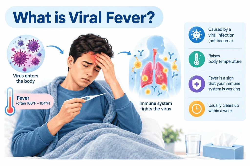 Medical overview of viral fever symptoms and care showing how the human immune system fights viral infections and raises body temperature
