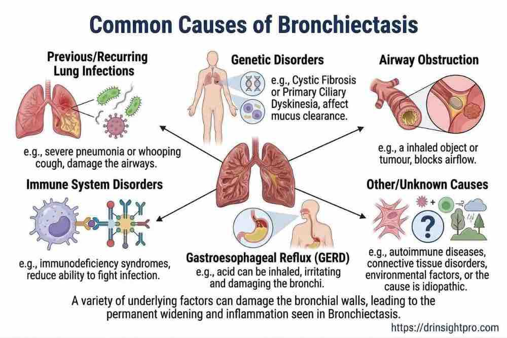 Medical diagram illustrating recurrent infections, generic disorders, and other causes of bronchiectasis.