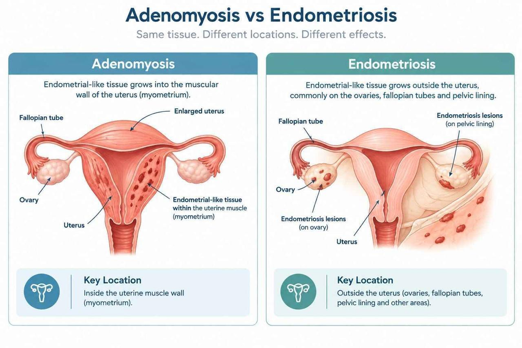 Adenomyosis and Endometriosis Anatomy and Location Comparison