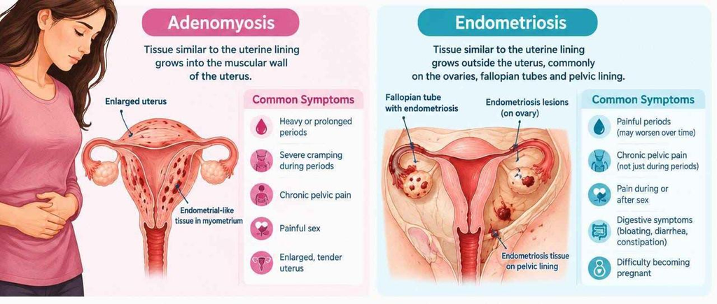 Adenomyosis vs Endometriosis Symptoms and Comparison Infographic