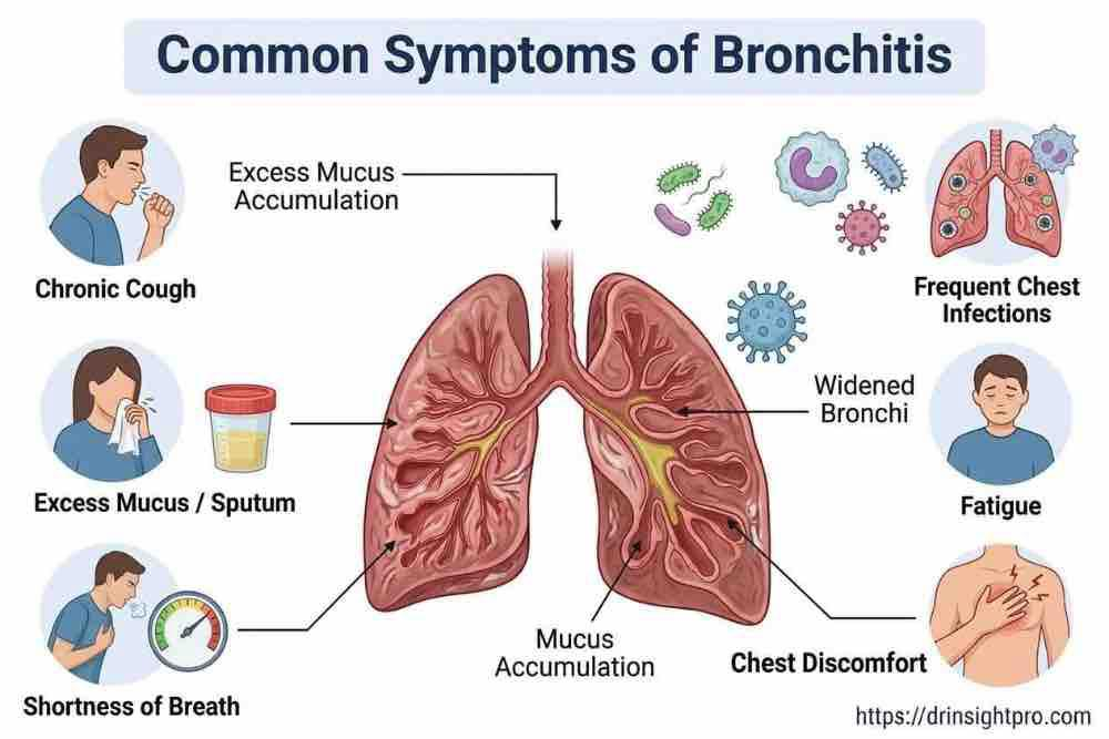 Infographic showing chronic cough, fatigue, and chest discomfort