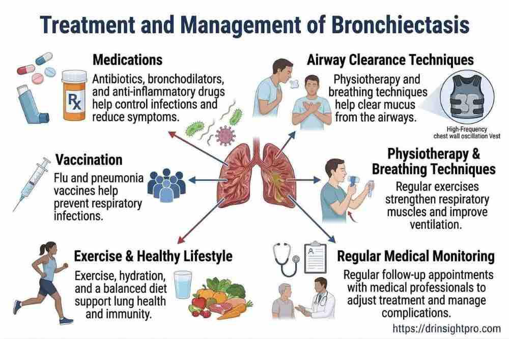 Management plan for bronchiectasis including medications, airway clearance, and vaccination.