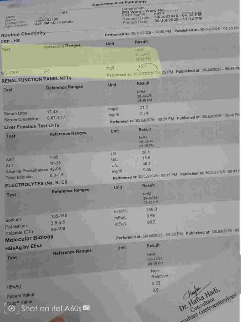 Laboratory report showing elevated CRP (C-Reactive Protein) inflammation marker alongside routine chemistry panel results