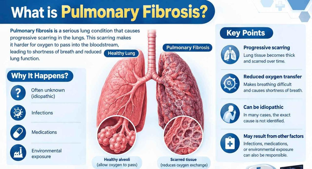 Diagram of pulmonary fibrosis comparing healthy vs scarred lung tissue, detailing causes and symptoms.