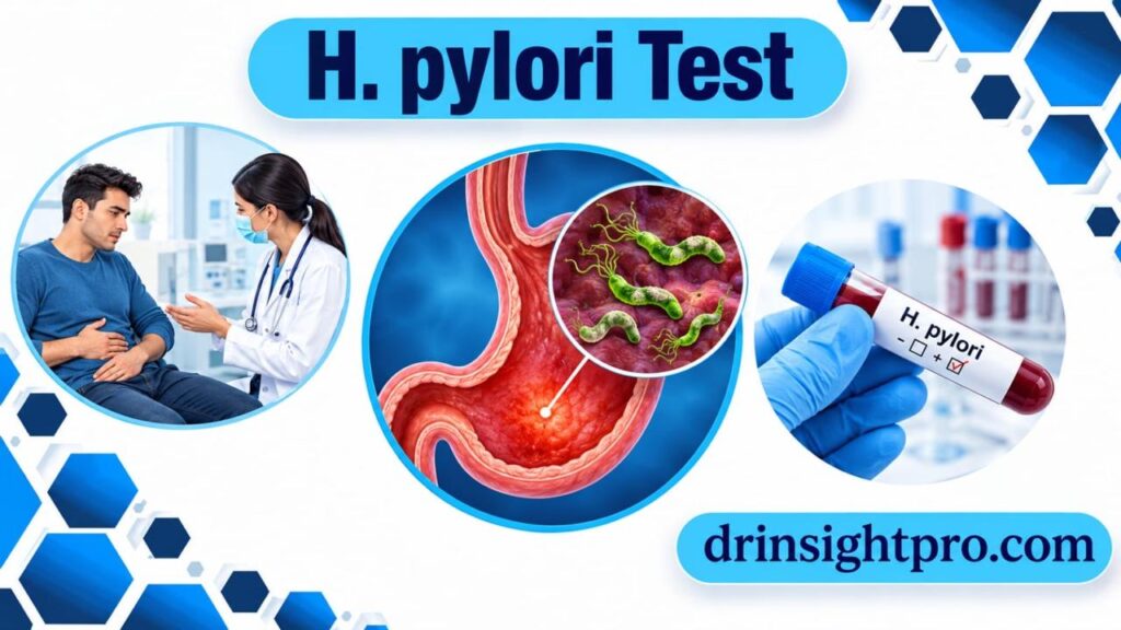 H. pylori test showing a doctor consulting a patient, a stomach diagram with bacteria, and a blood test tube for infection diagnosis
