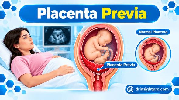 Placenta previa diagram showing placenta covering the cervix compared to normal placenta position