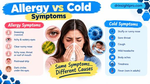 Allergy vs cold symptoms chart showing sneezing itchy eyes runny nose and sore throat