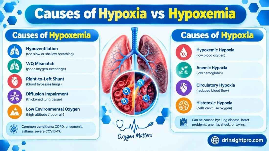 Causes of Hypoxemia and Hypoxia medical chart showing alveolar hypoventilation, V/Q mismatch, and shunt mechanisms.