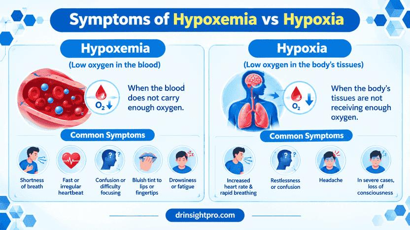 Symptoms comparison infographic for hypoxemia and hypoxia displaying shortness of breath, rapid heart rate, and confusion.