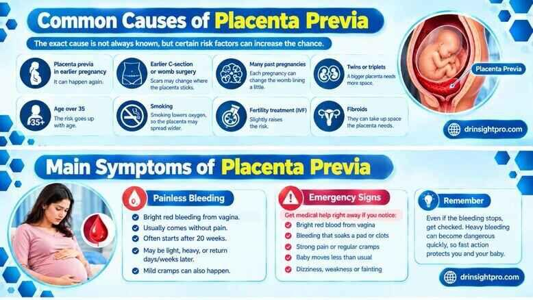 Placenta previa causes and symptoms infographic with risk factors, painless bleeding, and emergency warning signs