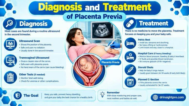 Placenta previa diagnosis and treatment infographic showing ultrasound scan, pelvic rest, steroid shots, and C-section