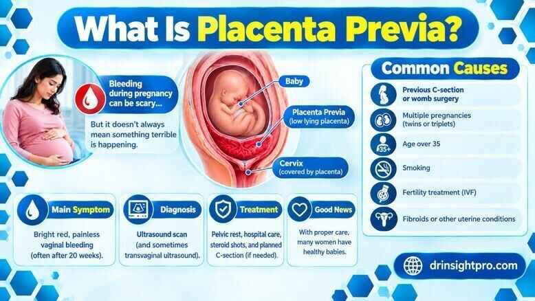 What is placenta previa infographic showing a low lying placenta covering the cervix, with causes and symptoms