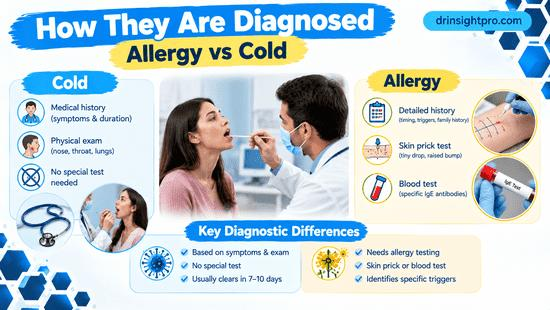 Doctor diagnosing allergy vs cold symptoms using skin prick test and throat exam chart