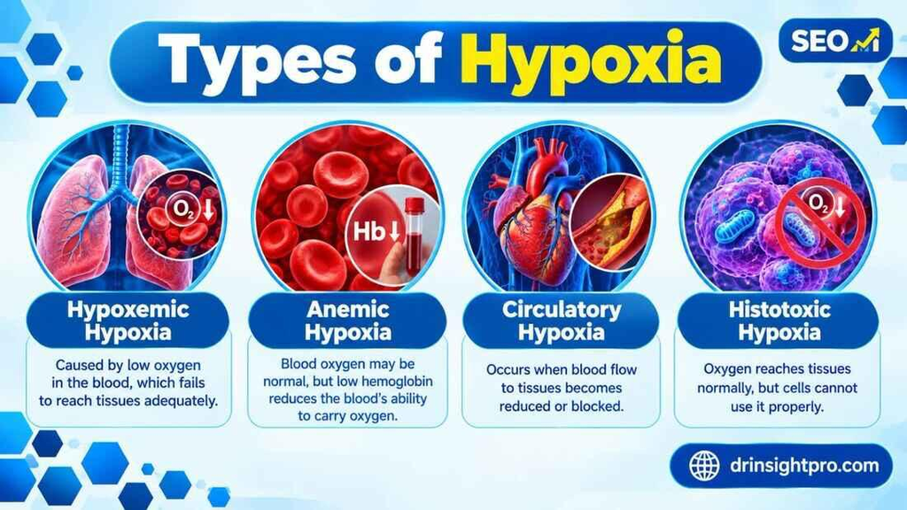 Types of Hypoxia infographic highlighting hypoxemic, anemic, circulatory, and histotoxic hypoxia with definitions.