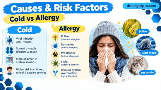 Causes of allergy vs cold showing viral infection triggers like pollen dust mites and pet dander